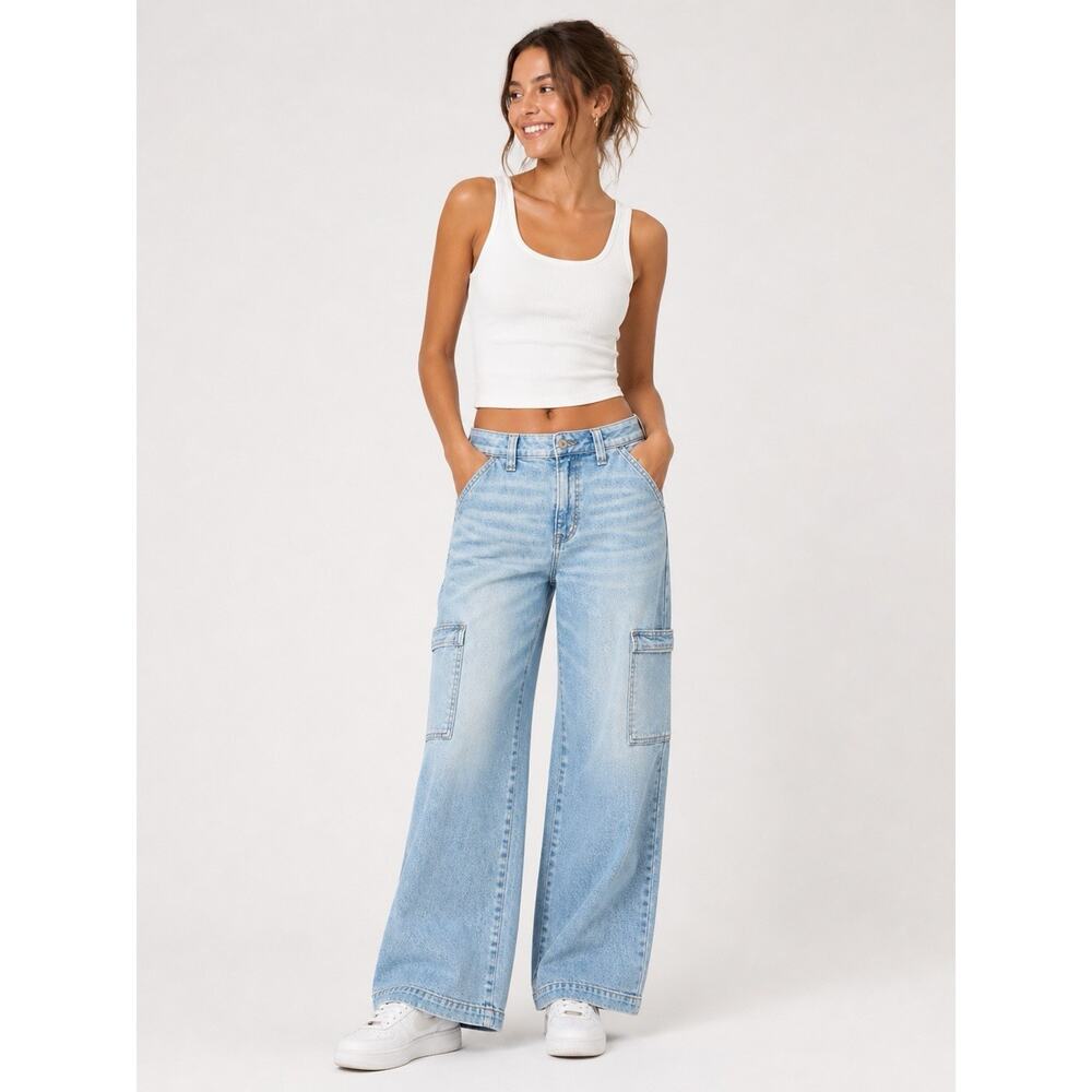 American Eagle Super High Rise Baggy Wide Leg Cargo Jeans Light Wash Y2K Women 6